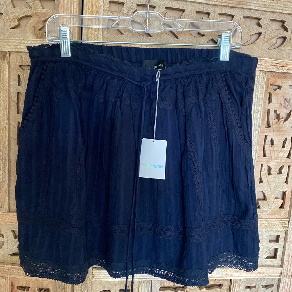 Zadig & Voltaire Cotton Navy Mini.  Elastic band + tie waist for comfort.